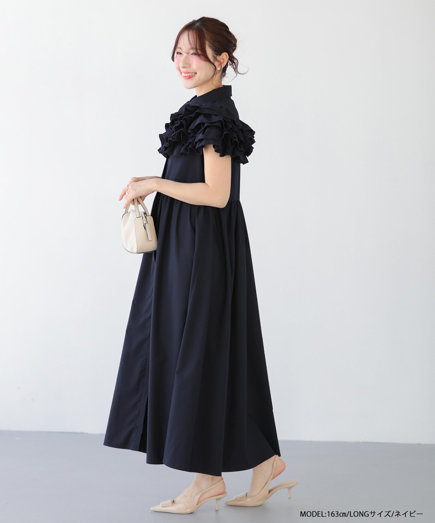 ダリアフリルロングシャツワンピース 【予約4/21~順次発送 ダリアフリルロングシャツワンピース 【予約4/21~順次発送