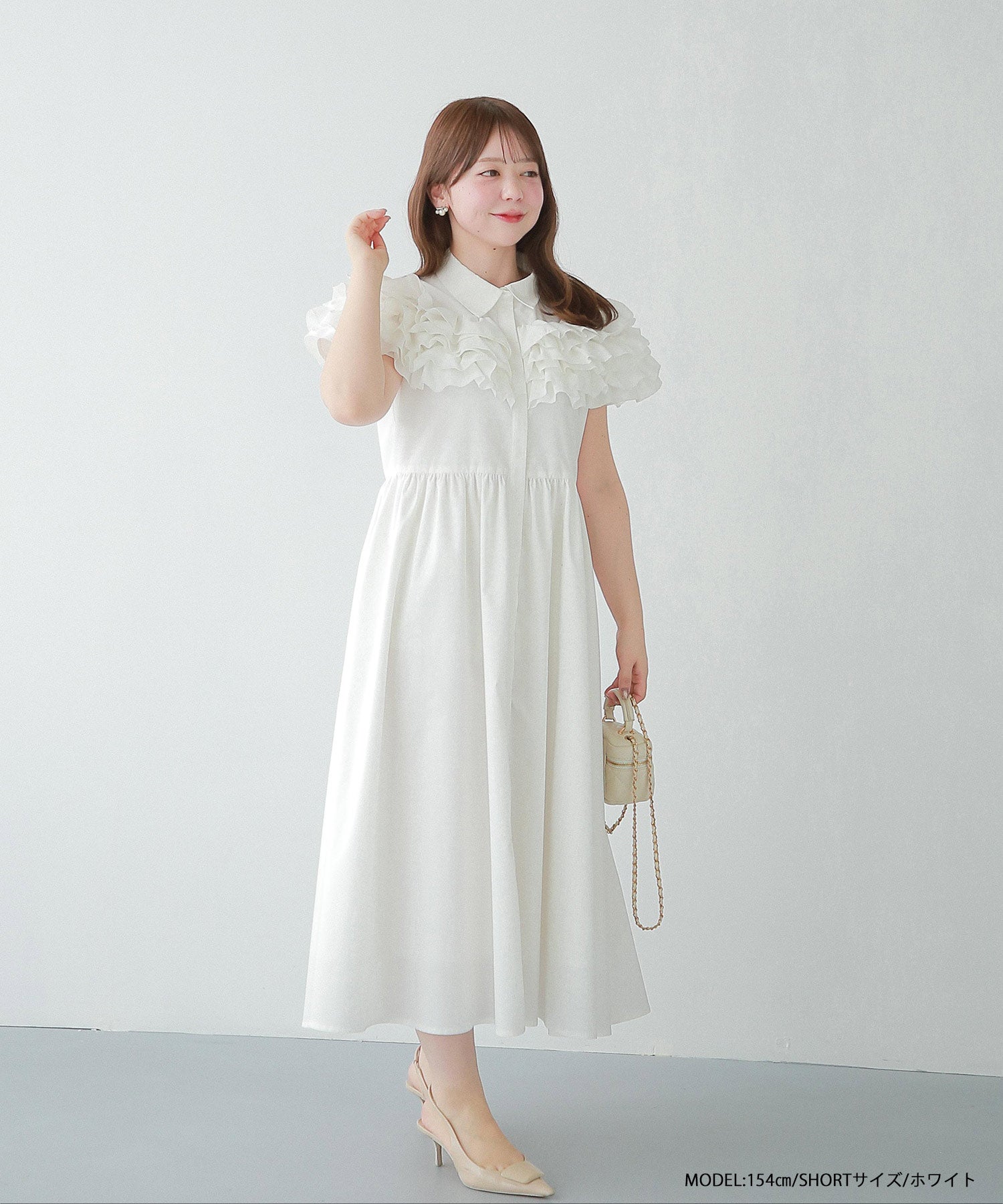 ダリア　シャツロングワンピース　白　五分袖　スタンドカラー　フリル襟　袖　273 HAPPYSET対象商品】【A会場】ダリアフリルロングシャツワンピース