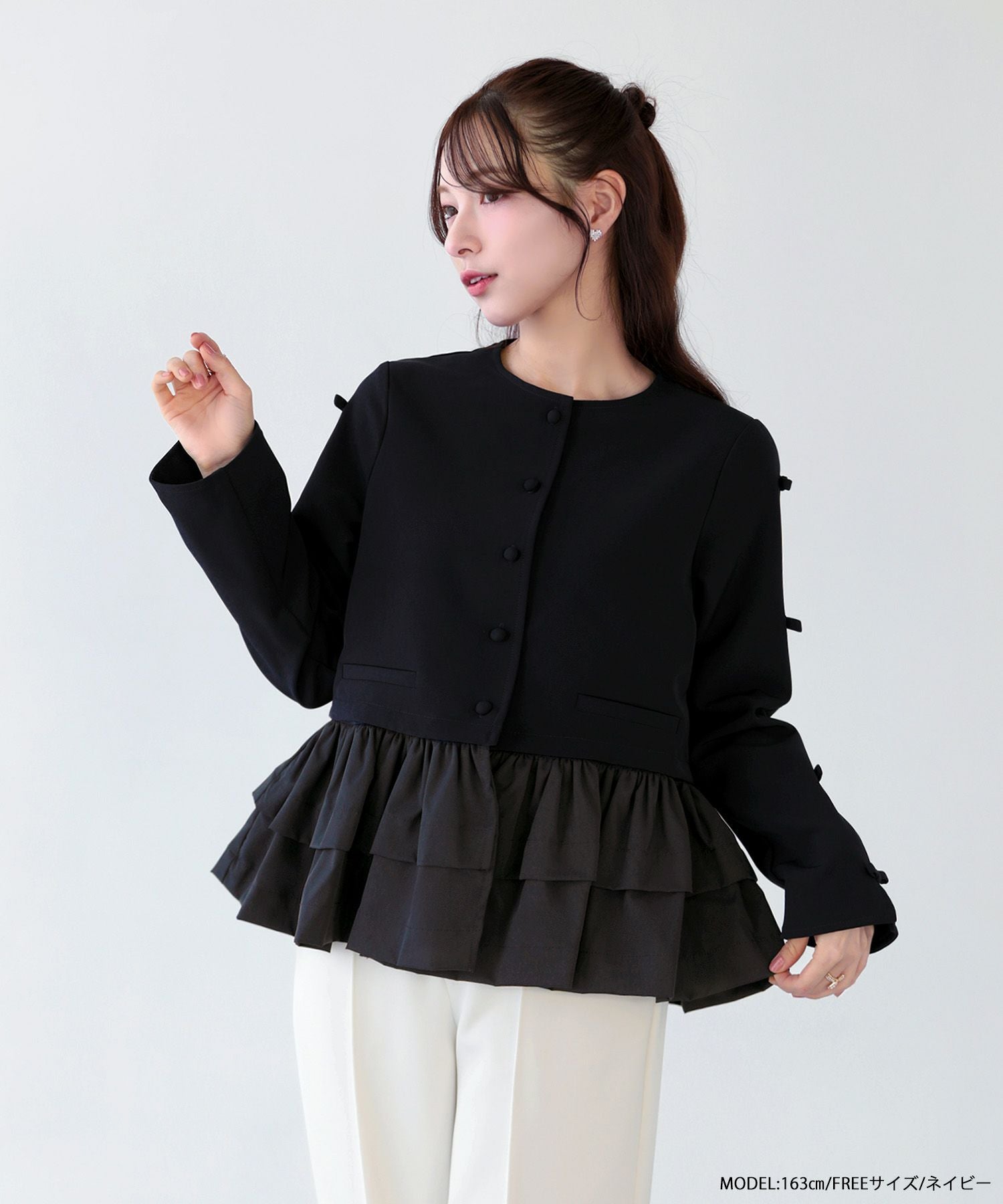 Fit more　ノーカラーフリルトップス ノーカラーフリルトップス 【宅配便】 | Fit more