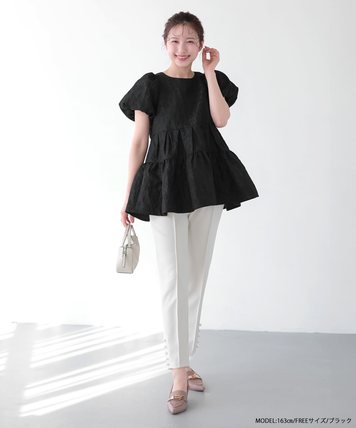 フラワージャガード袖バルーントップス　アイボリー フラワージャガード袖バルーントップス 【宅配便】 | Fit more