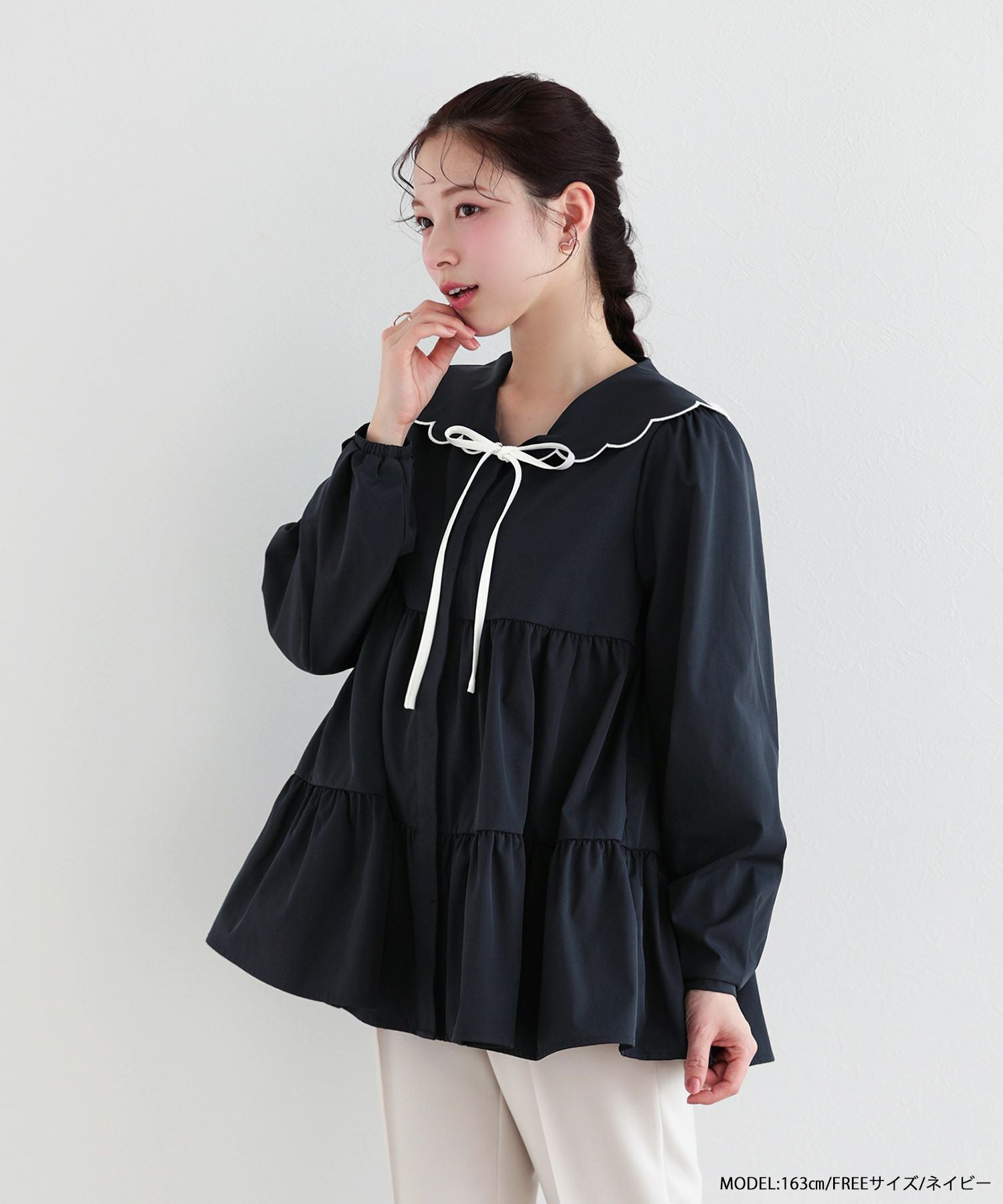 yori 美品 ネイビー たっぷりスカラップブラウス スカラップセーラーカラーブラウス【宅配便】 | Fit more