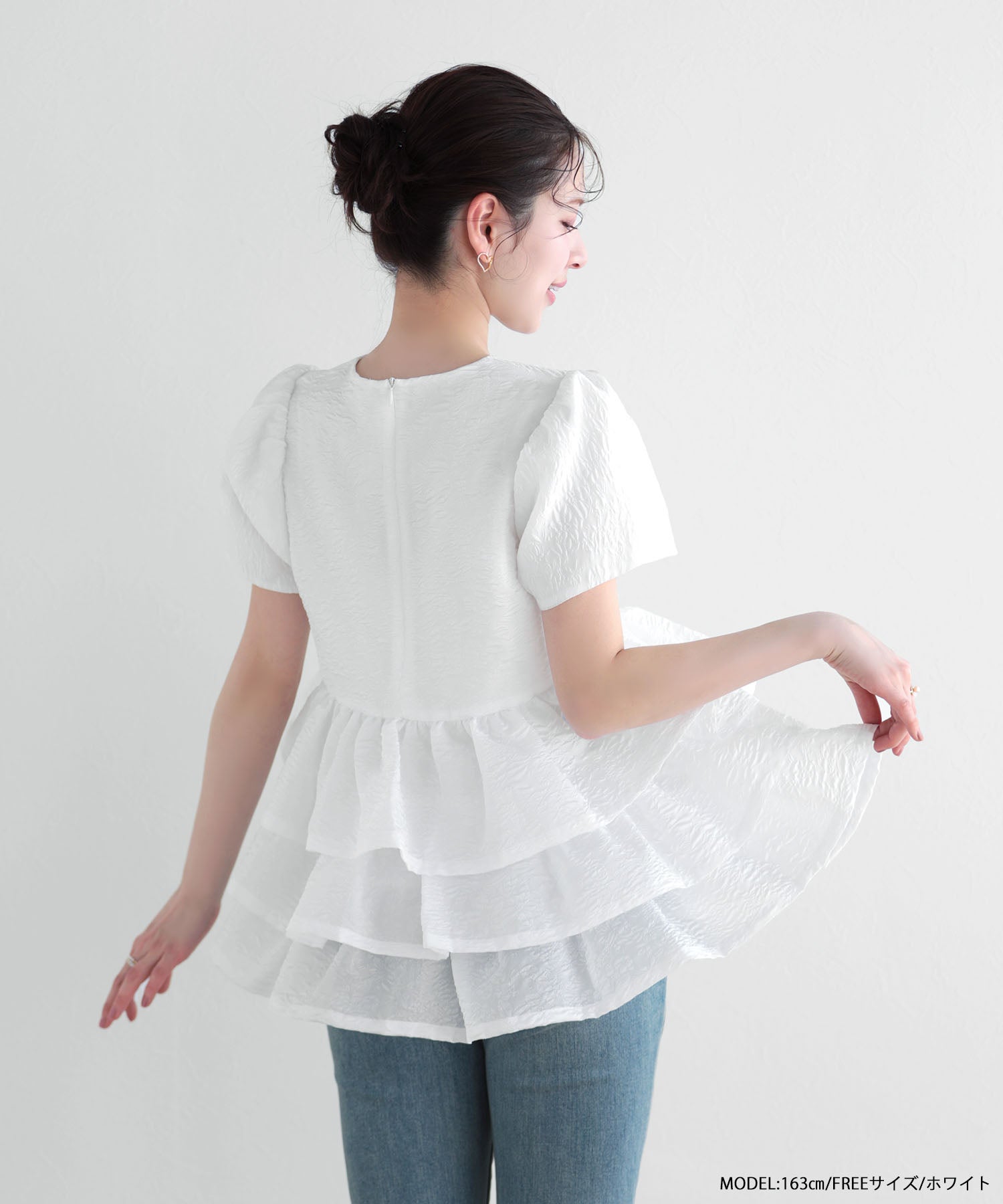 fitmore ジャガードボリューム３段フリルトップス　ネイビー ジャガードボリューム3段フリルトップス 【宅配便】 | Fit more