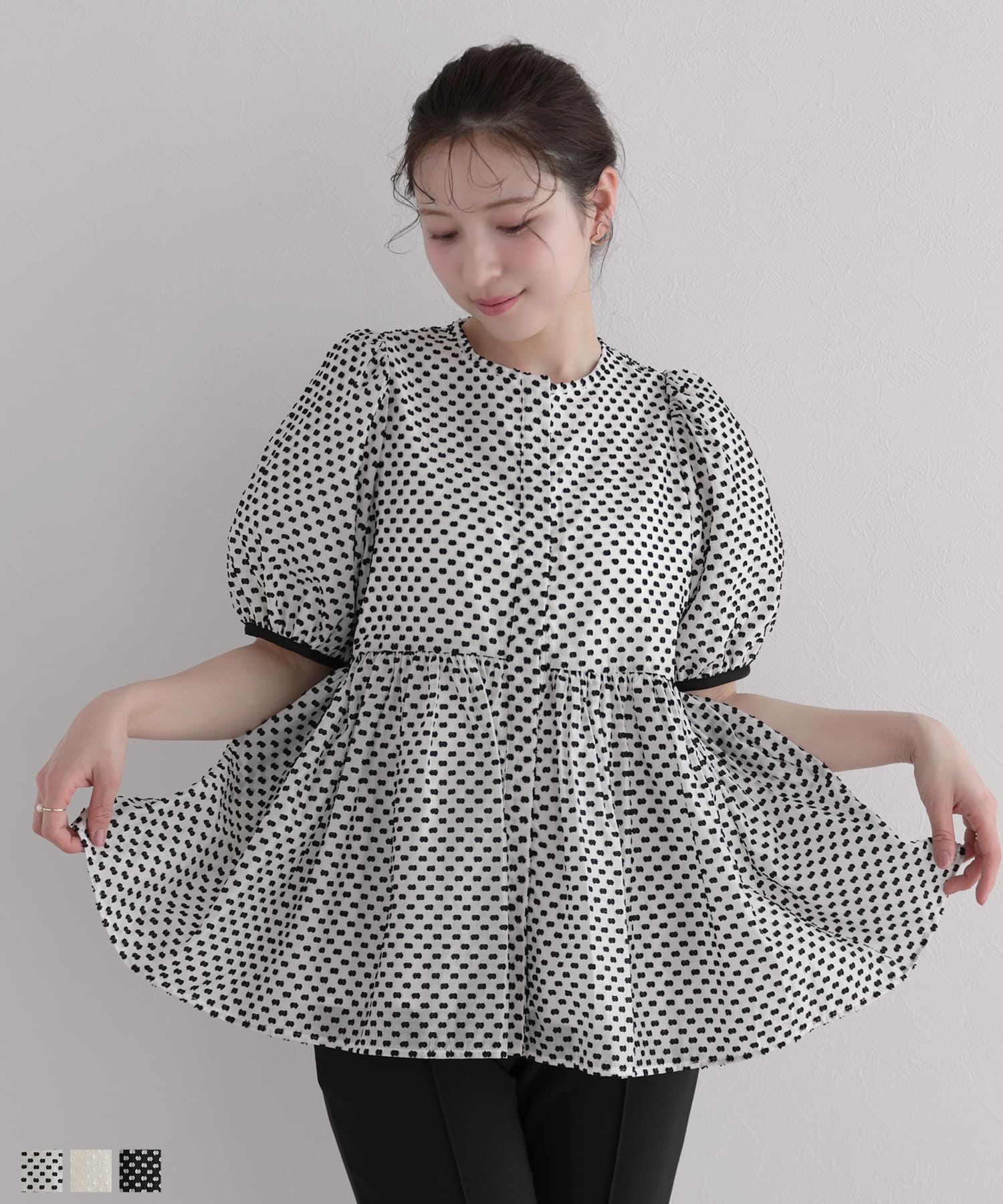 【7月末まで】fitmore フロッキードットバルーンスリーブトップス フロッキードットバルーンスリーブトップス【宅配便】 | Fit more