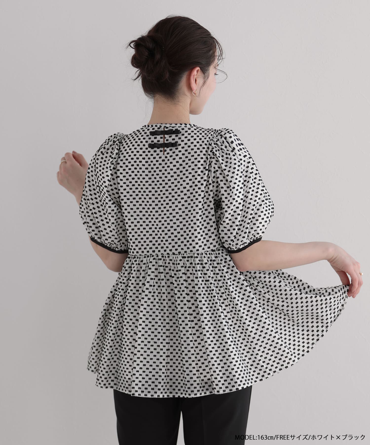 fitmore ♡ フリンジドットジャガードバックリボンブラウス フリンジドットジャガードバックリボンブラウス【即納】【宅配便