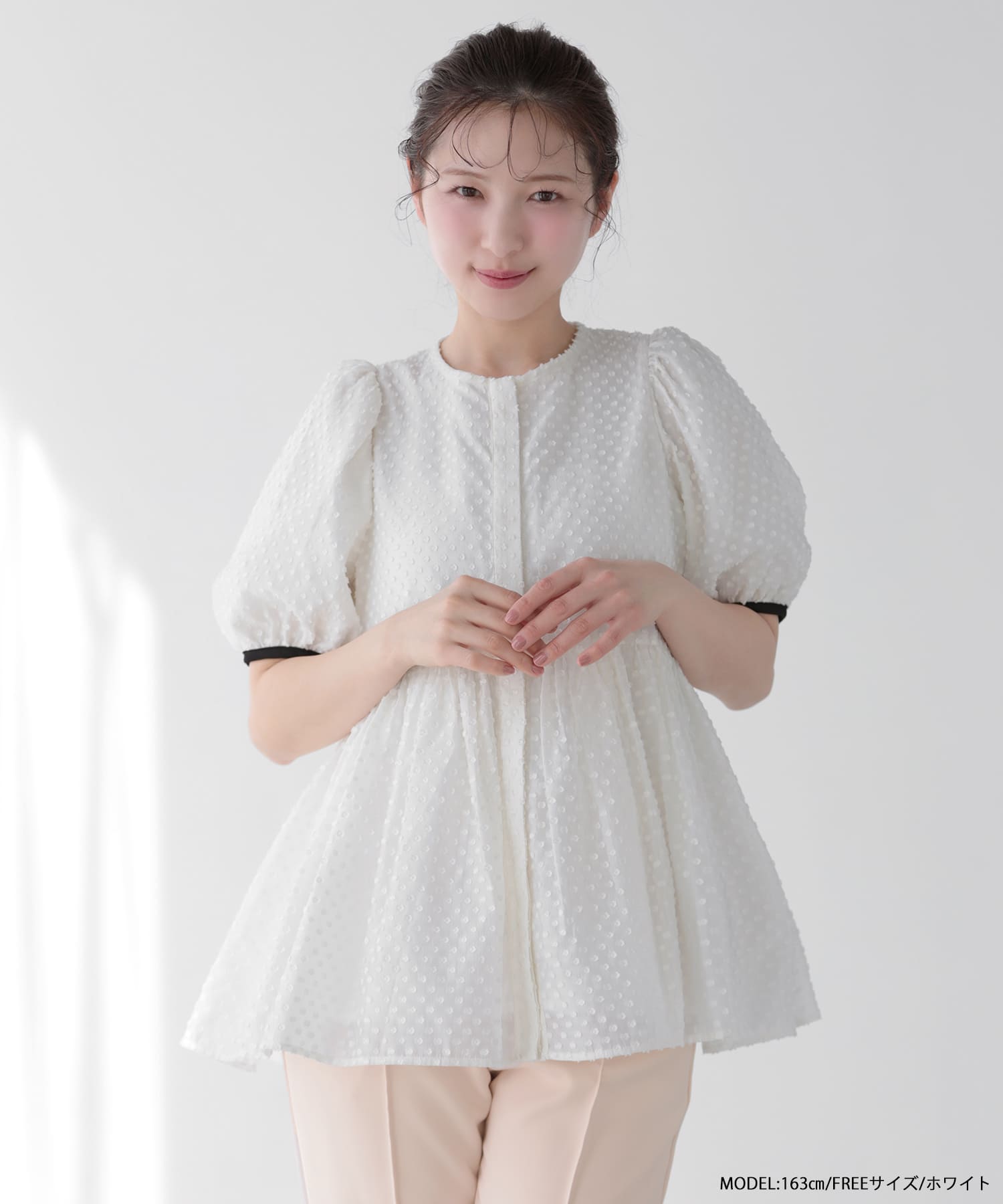 fitmore ♡ フリンジドットジャガードバックリボンブラウス フリンジドットジャガードバックリボンブラウス【即納】【宅配便