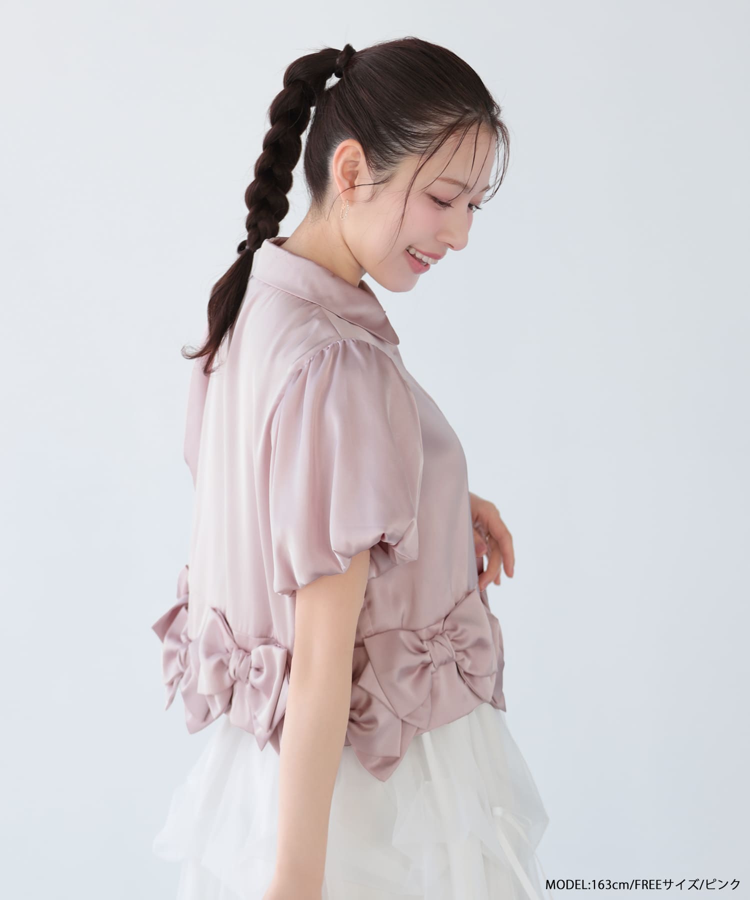 fitmore 新品未使用タグ付きヘムリボンバルーンスリーブブラウス ピンク ヘムリボンバルーンスリーブブラウス【宅配便】 | Fit more