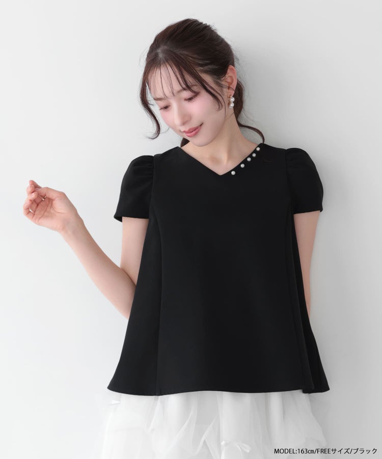 バックリボンパールVネックショートトップス【宅配便】 | Fit more