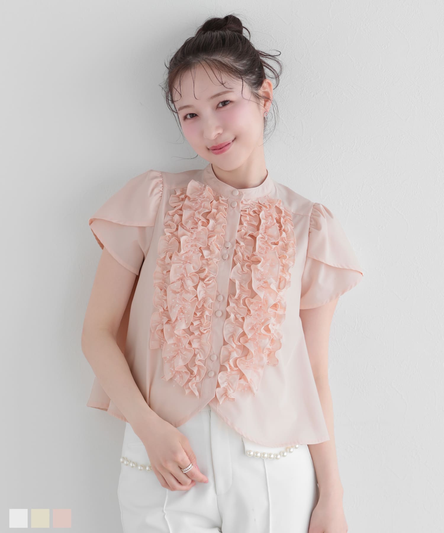 【新品】 フィットモア Fit more ビッグリボンパール袖ブラウス ブルー Fit more（フィットモア） ブラウス シャツ ビッグリボンペプラム