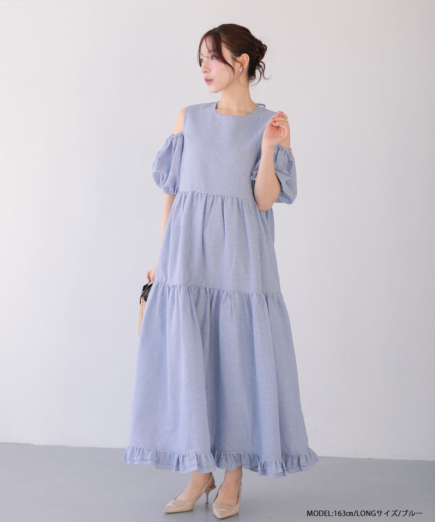 萌インターナショナル萌+ワンピース美品 ギンガムオープンショルダーワンピース 【宅配便】 | Fit more