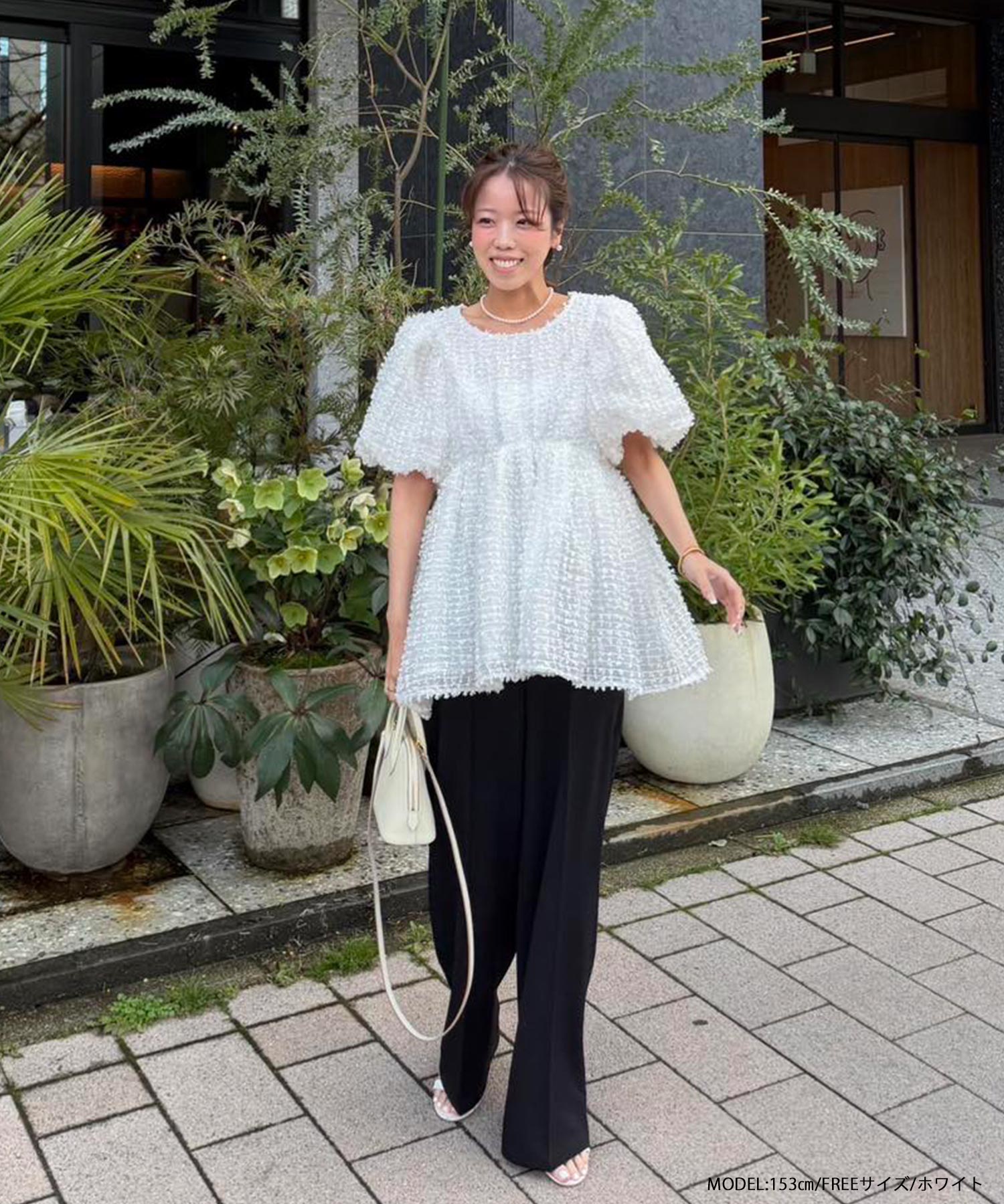 Fitmore × YUNAコラボ ふわふわフリンジペプラムトップス ホワイト YUNAコラボ！ふわふわフリンジペプラムトップス【宅配便】 | Fit more
