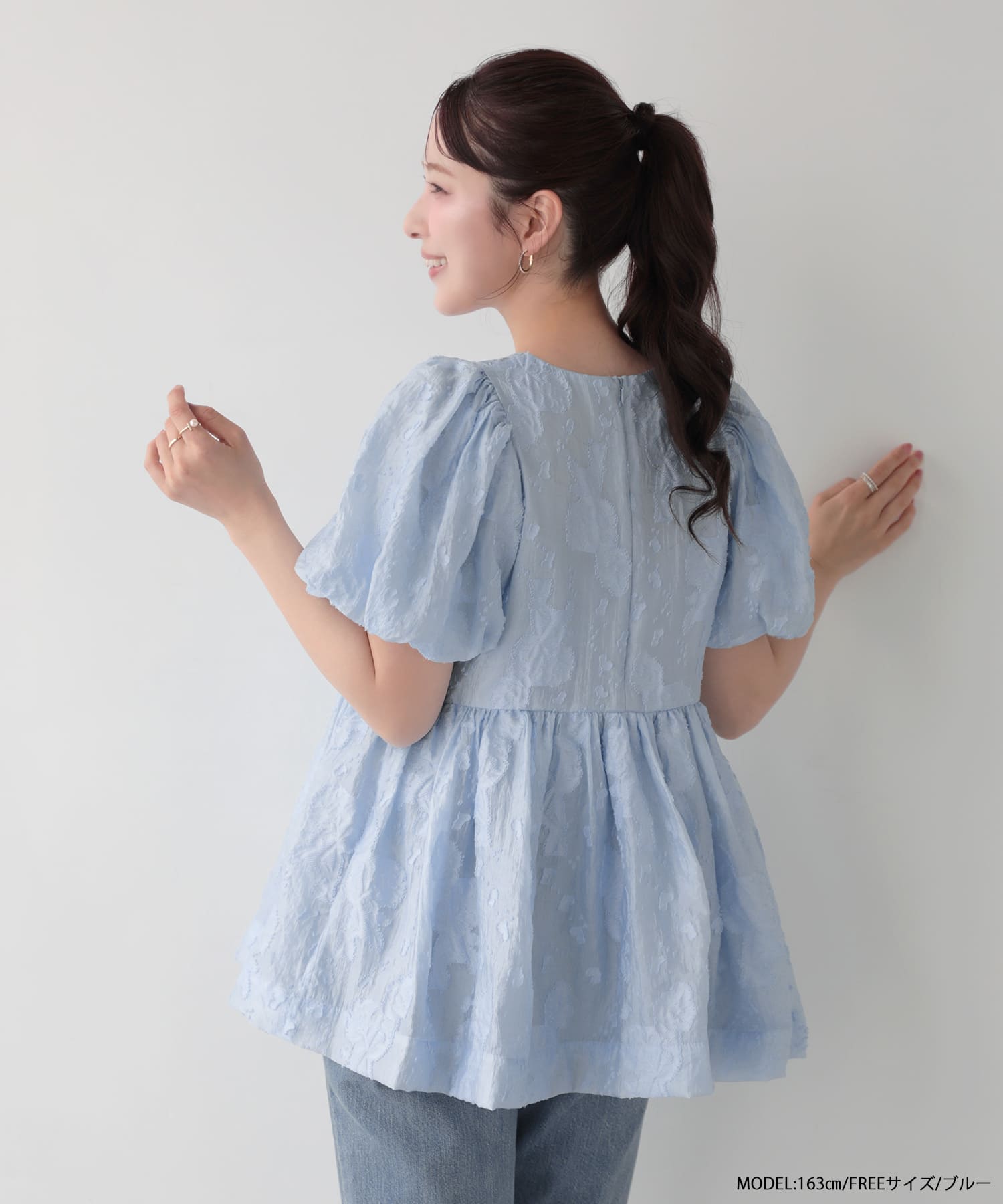 fitmoreシアーフラワー袖バルーントップス　グリーン シアーフラワー袖バルーントップス 【即納】【宅配便】 | Fit more