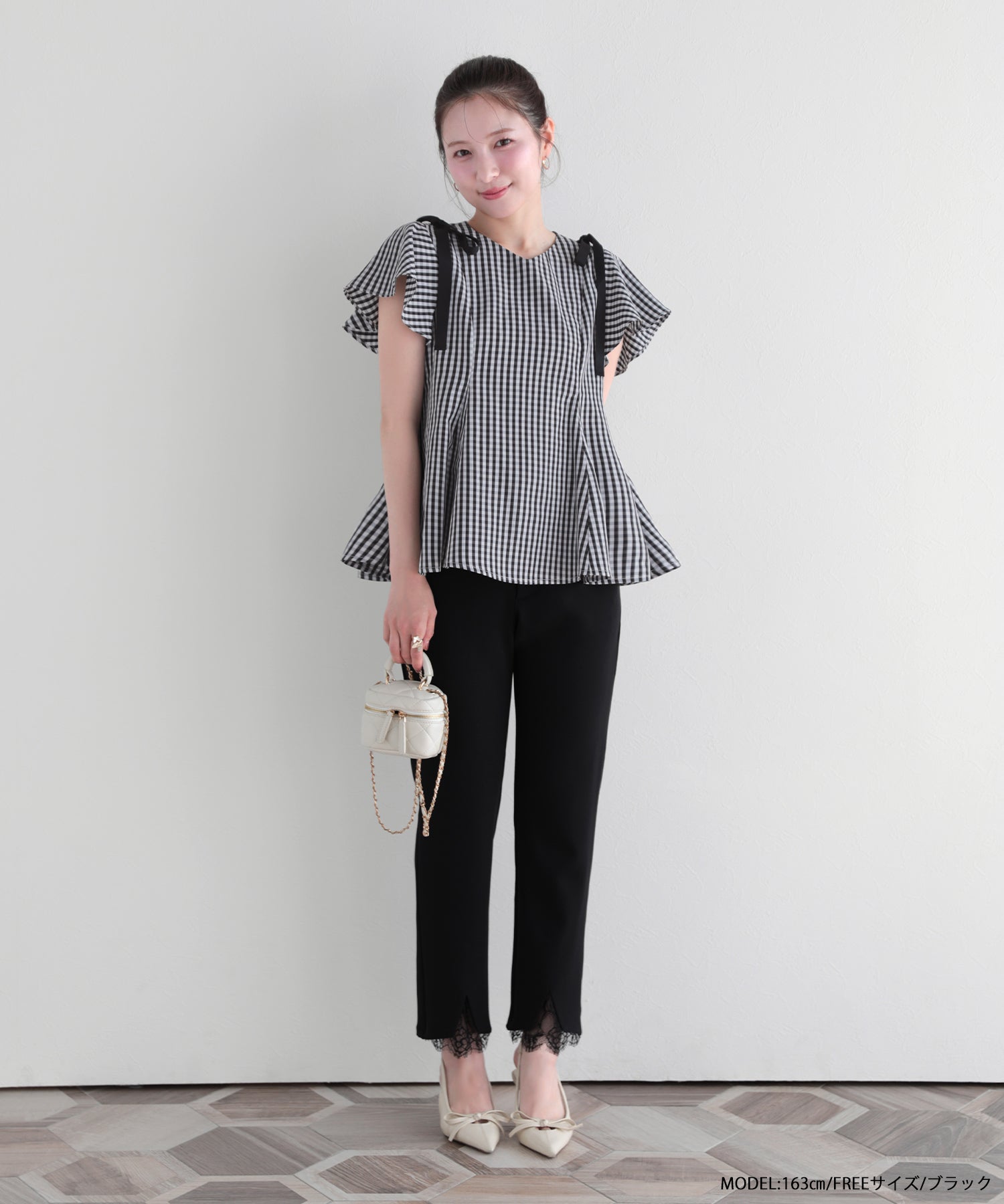 【新品タグ付き】Fitmore ショルダーリボンギンガムAライントップス ショルダーリボンギンガムAライントップス【宅配便】 | Fit more