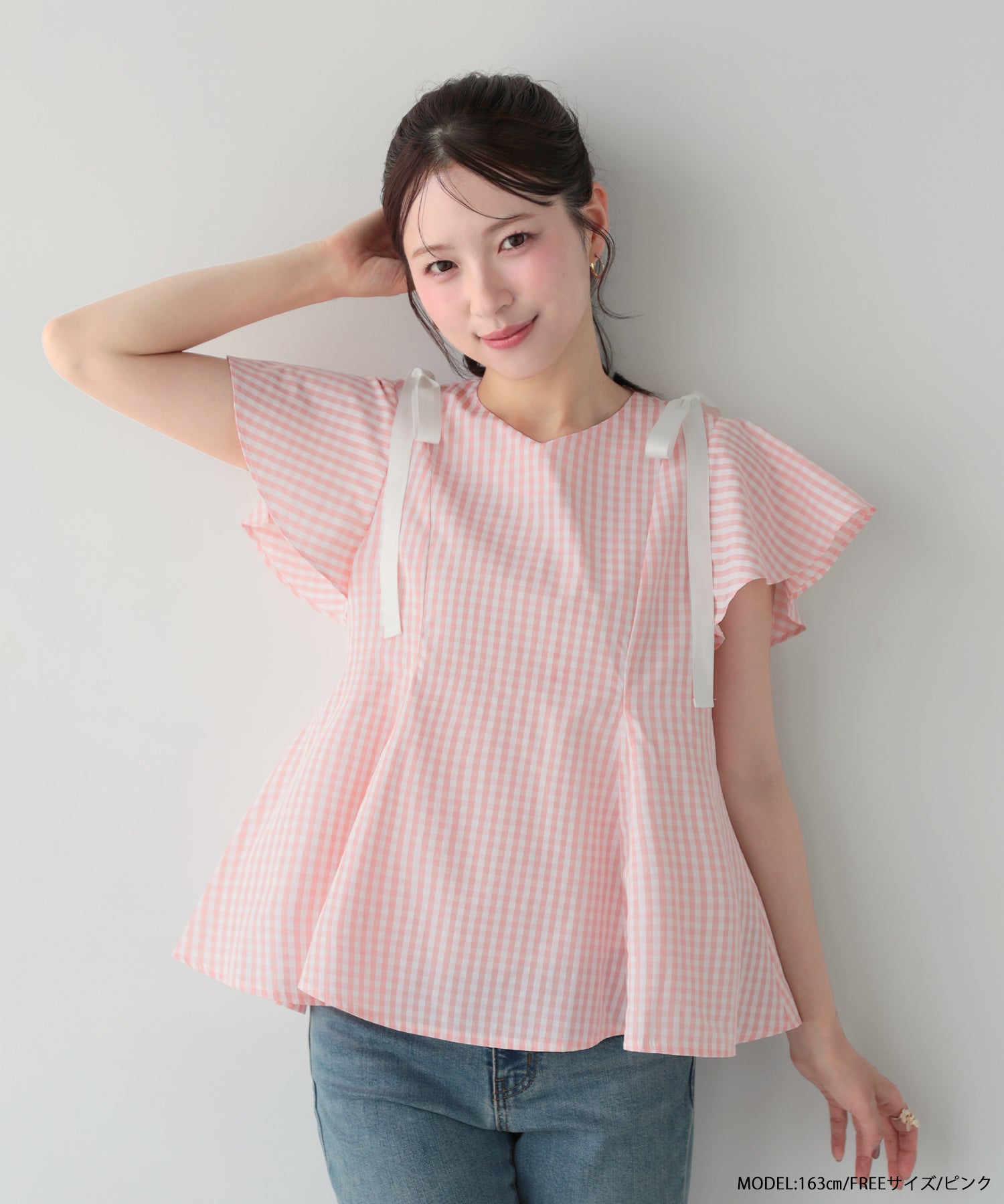 ショルダーリボンギンガムAライントップス【宅配便】 | Fit more