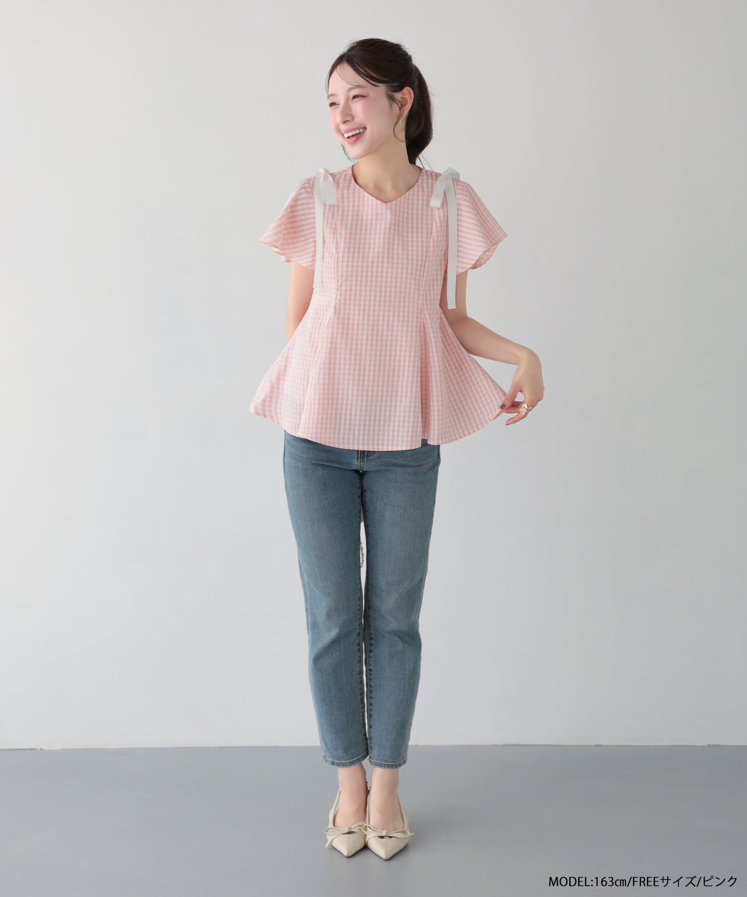 ショルダーリボンギンガムAライントップス【宅配便】 | Fit more
