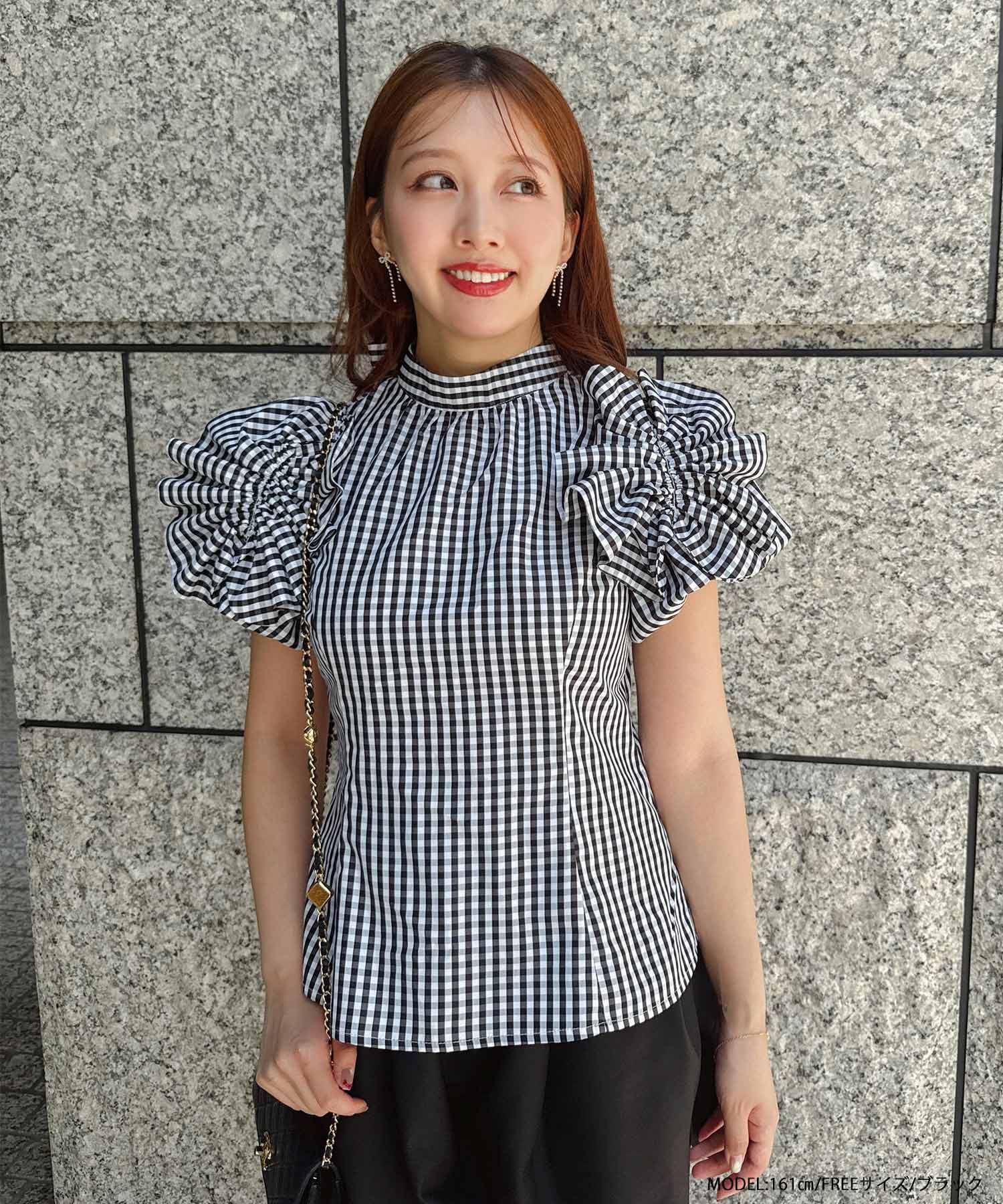 花城さあやコラボ ！ボリュームフリルスリーブギンガムブラウス【予約7